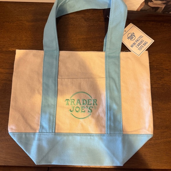 TRADER JOES JOE’S NWT Mini Canvas Tote Bag Pastel Blue - Picture 1 of 4